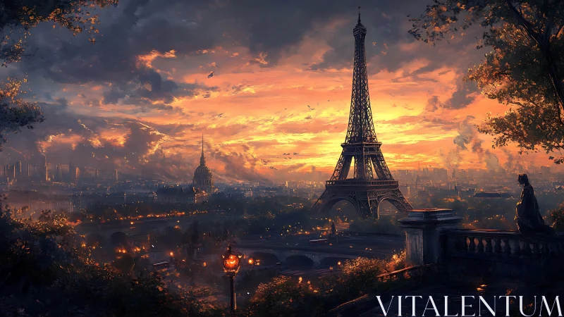 Eiffel Tower sunset panorama with dramatic cloud formations
