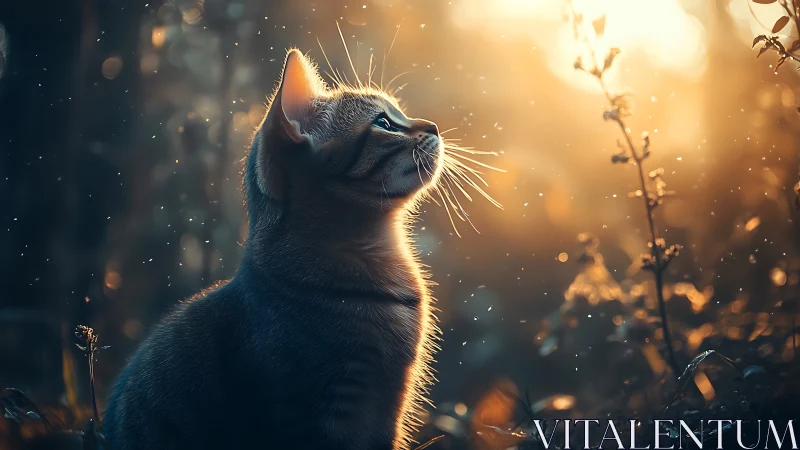 Cat Basking in Golden Sunset Light Among Wildflowers.