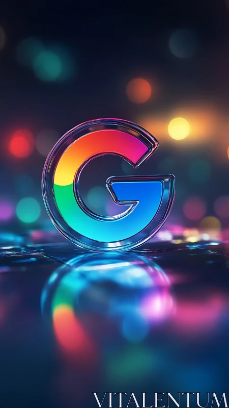 Glass letter G with multicolor segments on reflective surface.