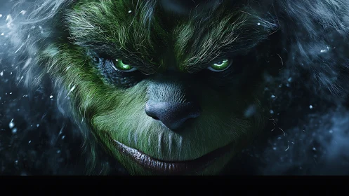 Glacial green trickster stares through the storm with mischief.