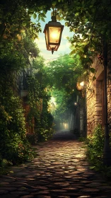 Sunlit cobblestone lane wrapped in vines and quiet light.