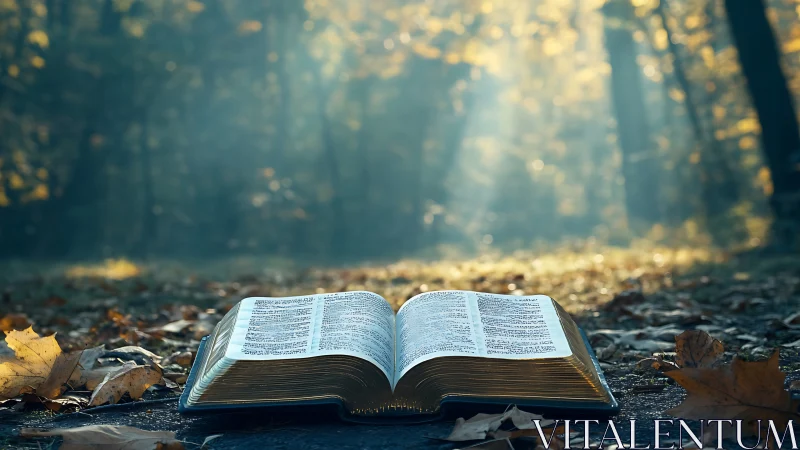 Open bible rests on forest path under soft morning light.