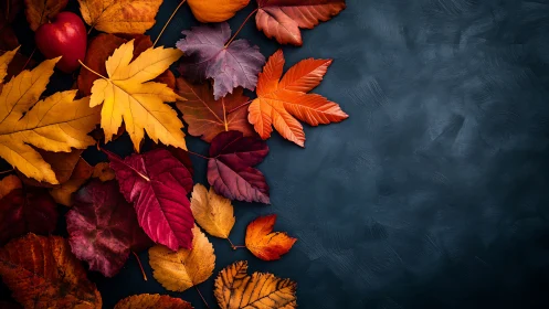 Colorful autumn leaves on dark textured background.