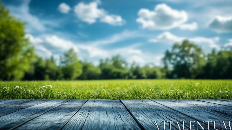 Wood deck foreground framing sunny green meadow landscape.