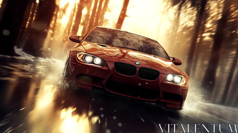 Scarlet BMW powers through blazing winter forest light.
