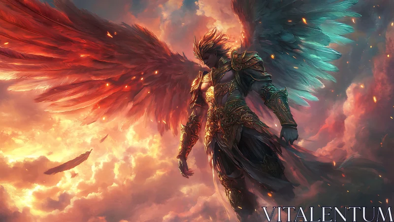 Radiant winged warrior drifts through blazing celestial skies