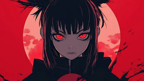 Monochrome anime portrait aligns with blood-red lunar backlight