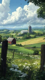Pastoral farmland scene shows barns, silo, fields, and clouds