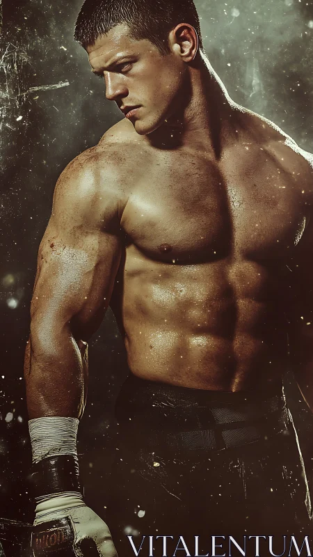 Muscular boxer poised in gritty cinematic low key light.