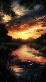 Golden river sunset where quiet birds circle home.