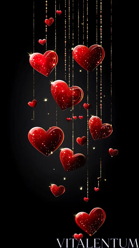 Floating Ruby Hearts Cascade Against Deep Black Background
