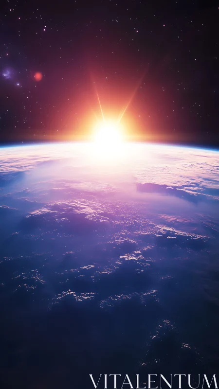 Backlit sunrise over Earth rendered in luminous digital realism