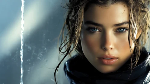 Wet haired blue eyed woman in close photoreal portrait.