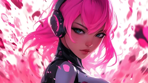 Cyberpunk girl with neon pink hair and intense gaze.