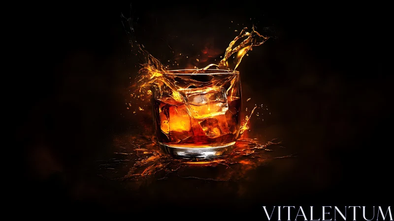 Whiskey Glass Splash Against Black. Golden Impact.