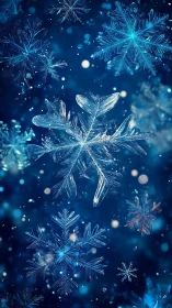 Glowing blue snowflakes float in deep winter night air