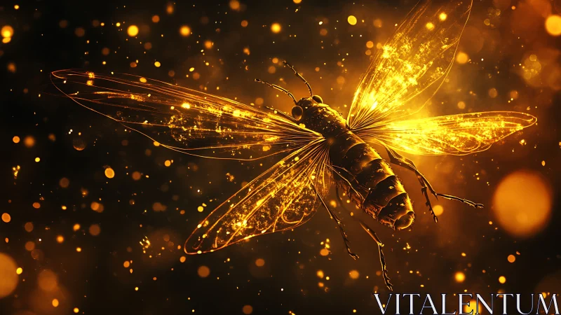 Golden firefly drifts through glowing night air and sparkles