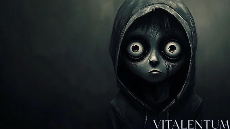 Hooded child with hollow eyes stares into eerie darkness.