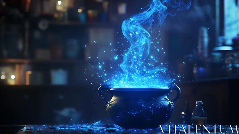 Glowing blue magical vapor rises from cauldron in workshop