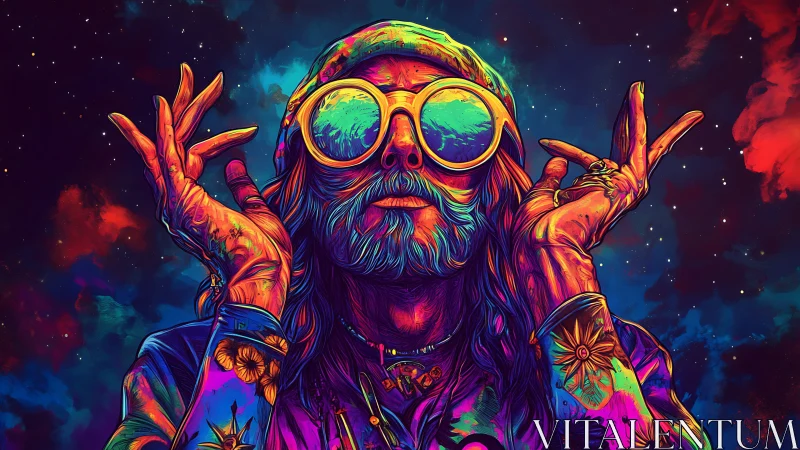 Psychedelic mystic gazes skyward in neon cosmic colors.