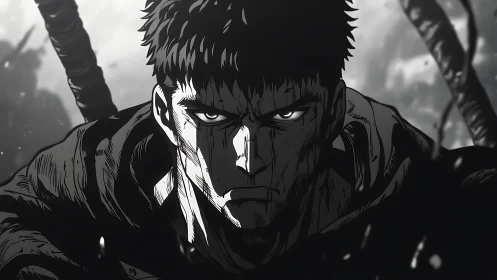 Brooding anime swordsman staring forward with intense focus