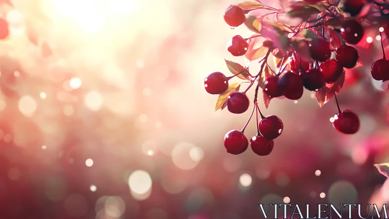 Sunlit cherry branches glowing in a dreamy pink haze.