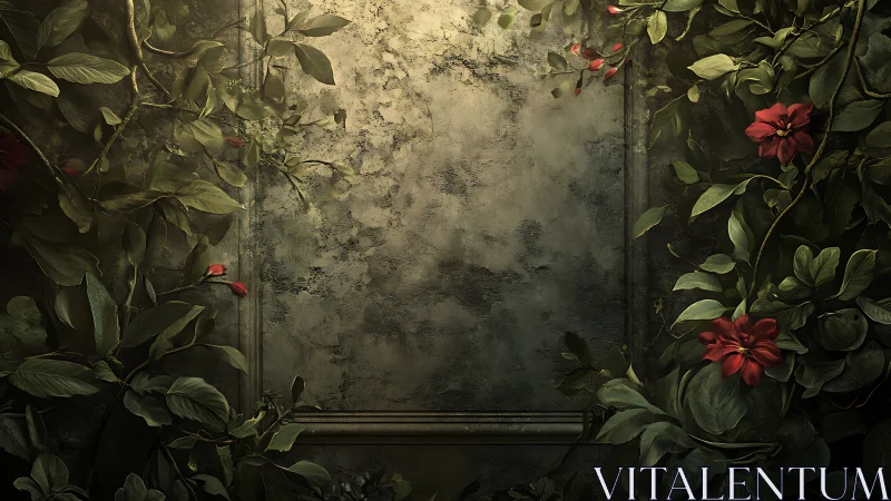 Weathered stone panel framed by dense botanical overgrowth.