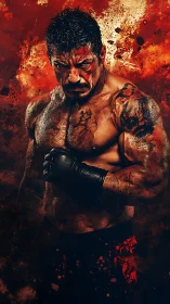 Fierce fighter stands strong amid splattered crimson energy