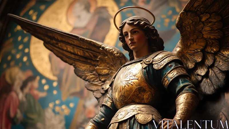 Radiant archangel statue stands in glowing sacred ambience