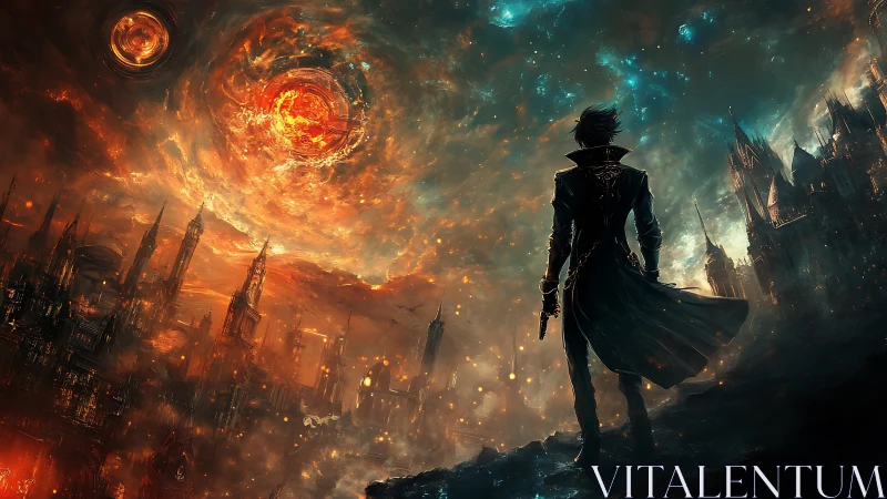 Solitary gunfighter confronts burning orbital anomaly above city