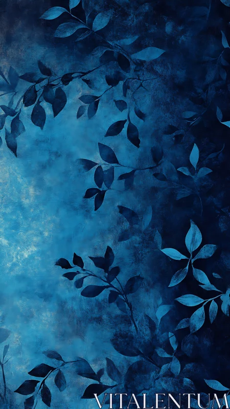 Textured indigo foliage panel with tonal botanical silhouettes.