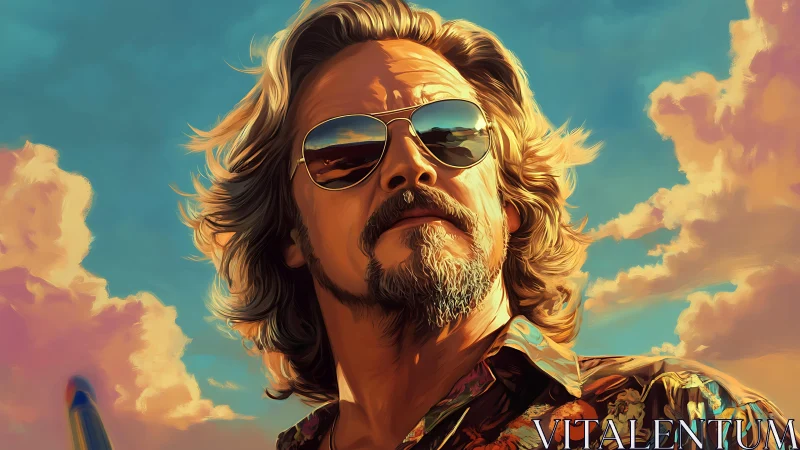 Sunglassed older man gazes upward under vivid sunset clouds