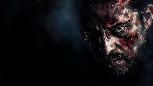 Dark portrait of injured male face with strong shadows.