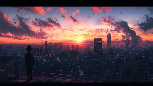 Solitary figure watching dense city at vivid sunset.