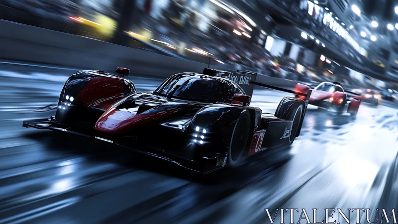 Prototype race cars slice through a neon-lit wet circuit.