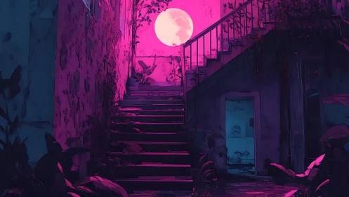 Exterior staircase in neon moonlight within overgrown house.