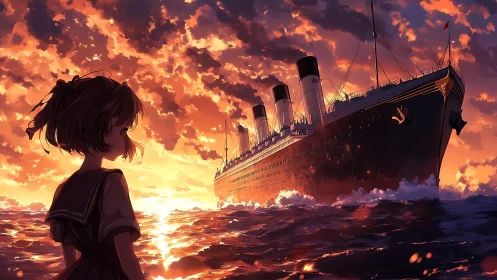 Sunset ocean liner and solitary girl in glowing anime seascape.