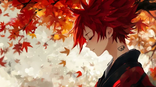 Red-haired anime figure amid swirling autumn foliage.