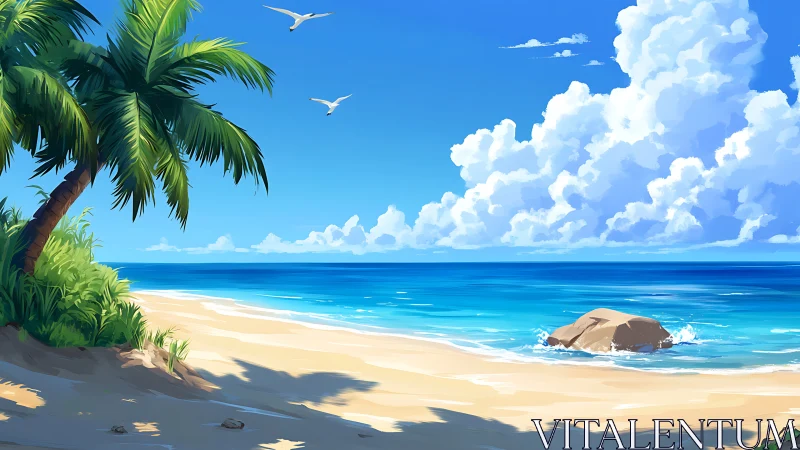 Tropical Paradise Beach Illustration With Palm Trees.