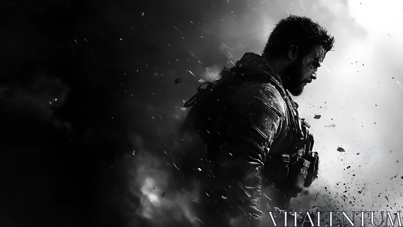 Tactical soldier profile in high-contrast particulate explosion.