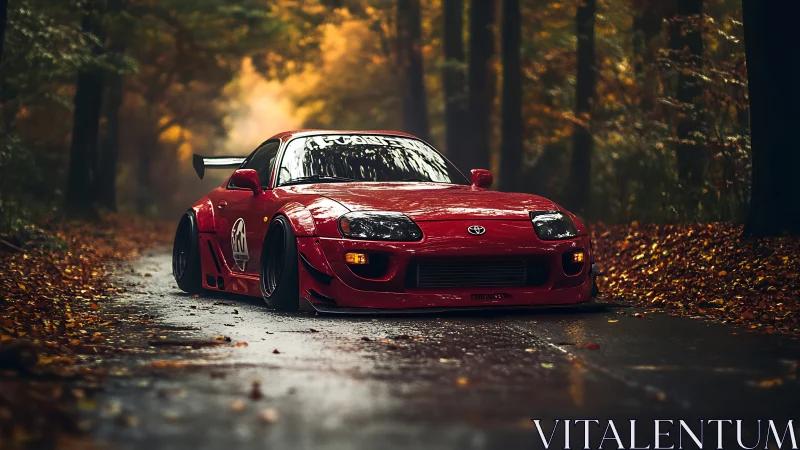 Photorealistic widebody Toyota Supra on wet forest road at dusk.