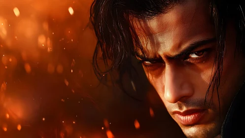 Intense male portrait framed by embers and warm bokeh light