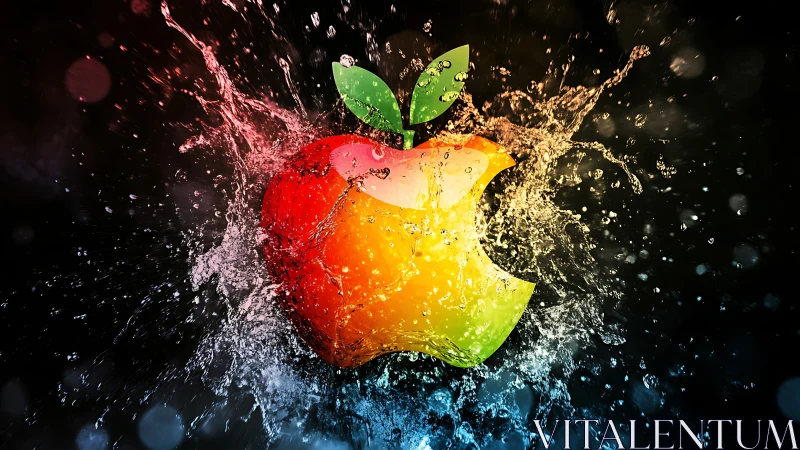 Multicolored bitten apple shape intersects with dynamic water splash