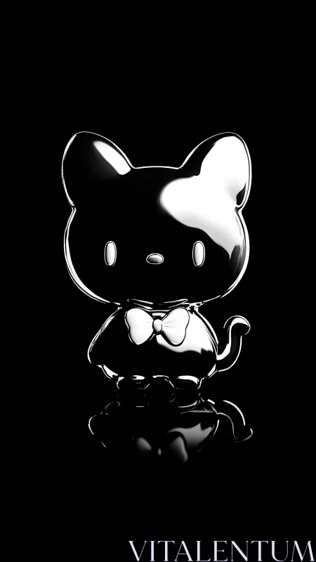 Chrome cat-shaped figure stands centered on black background
