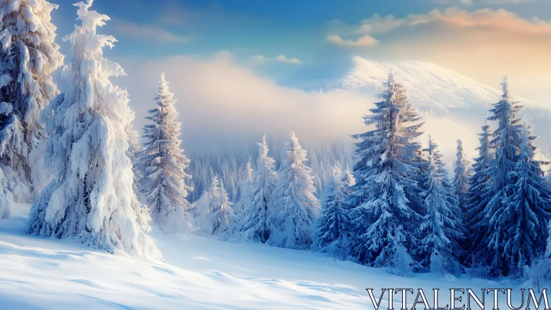 Snow-draped pines whisper under pastel winter sunrise hush.