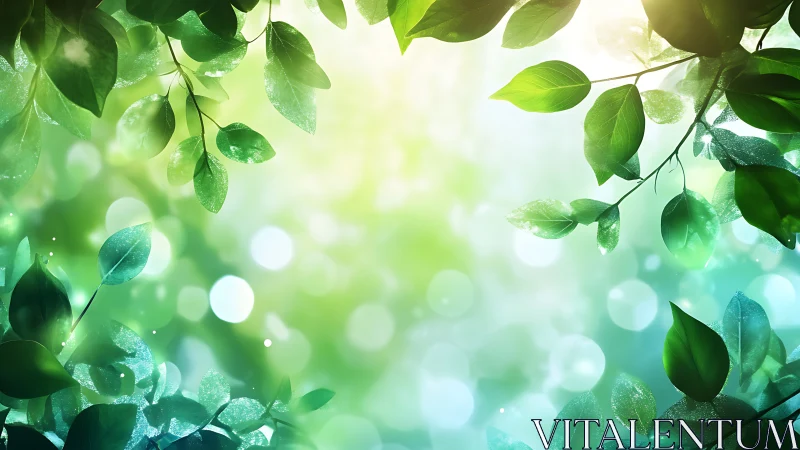 Sunlit green foliage glows against soft bokeh background.
