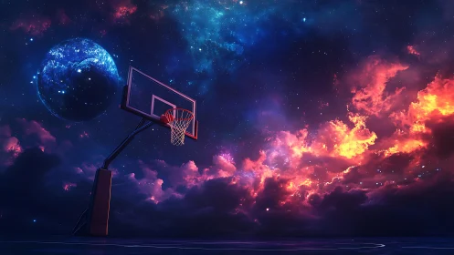 Celestial basketball hoop intersects nebular clouds under luminous exoplanet