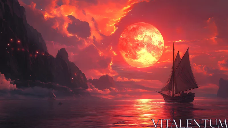 Crimson moonrise voyage beneath ember-lit coastal cliffs.