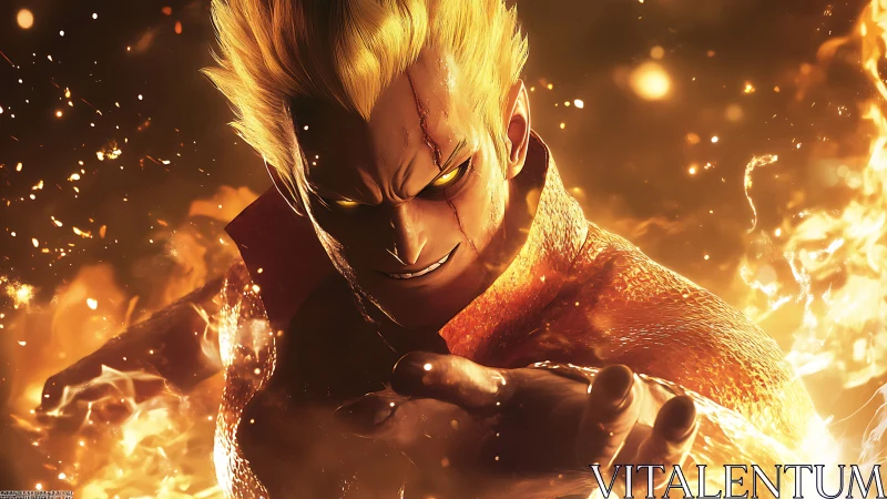 Infernal warrior lunging through swirling golden flames.