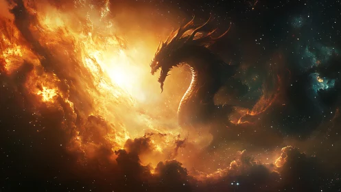 Cosmic fire dragon emerging from glowing nebula cloud.